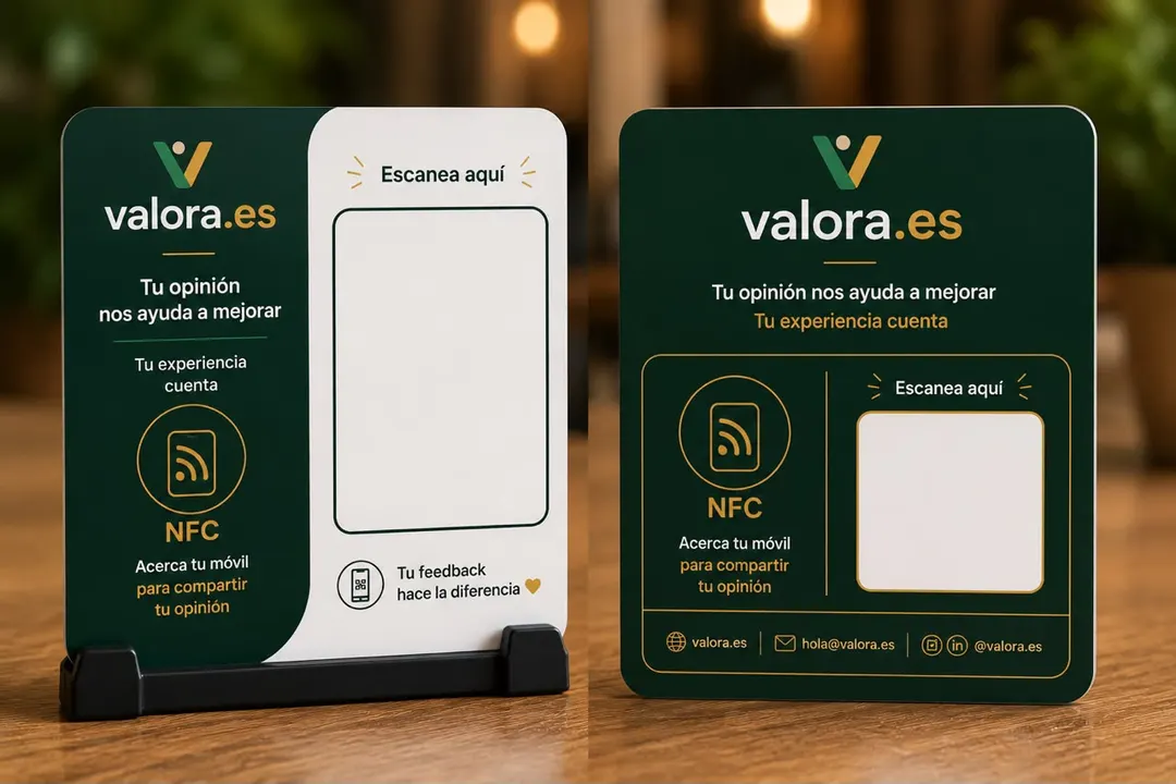 Las dos caras del soporte de mesa de Valora, con el código QR y el chip NFC